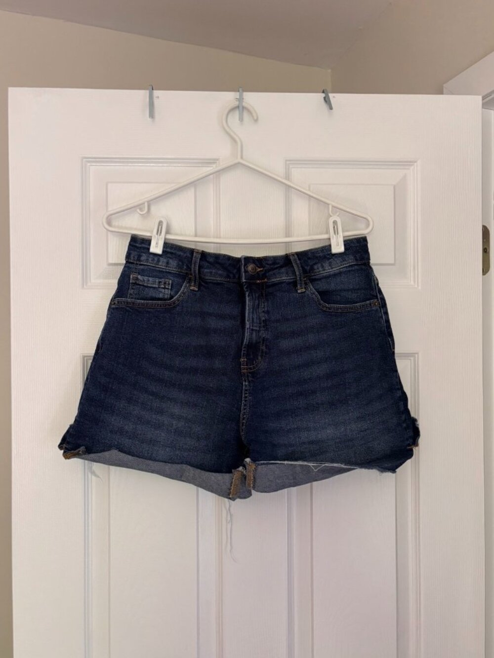 Dark Wash High-Rise Denim Shorts – Rolled Cuff Jean Shorts (Size 12)